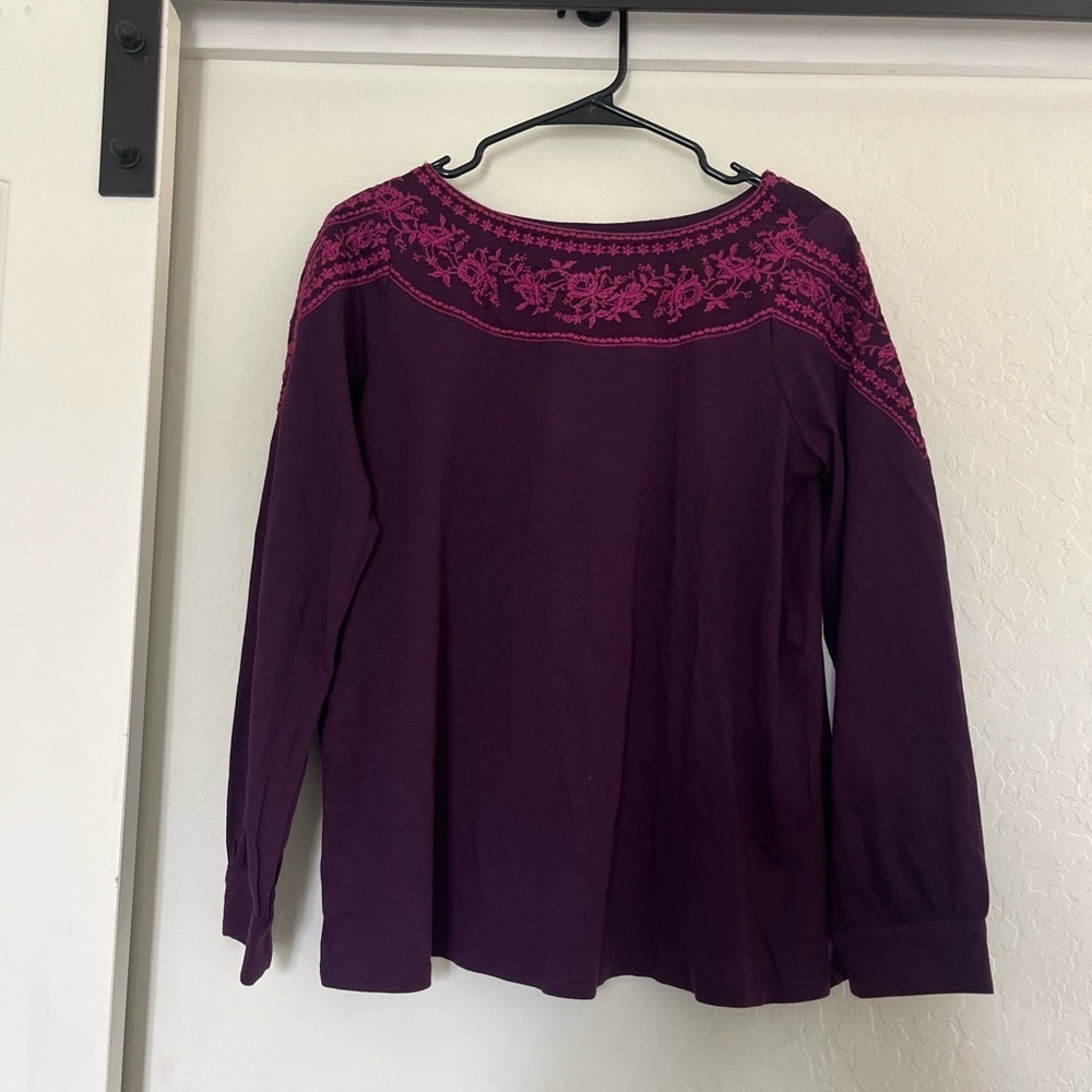 J. Jill Mix Media Embroidered Long Sleeve Top Floral Pink Purple Shirt Small